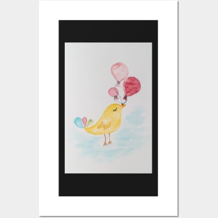 Little cute bird with balloons. Watercolor hand painted illustration for greeting card Posters and Art